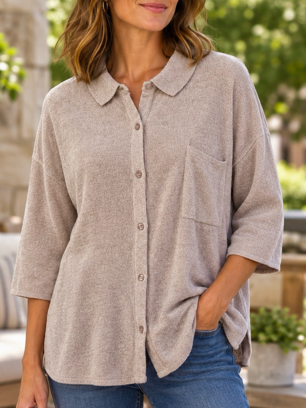 Barefoot Dreams Cozy Chic Ultra Lite Mauve Button-Down Collared Top